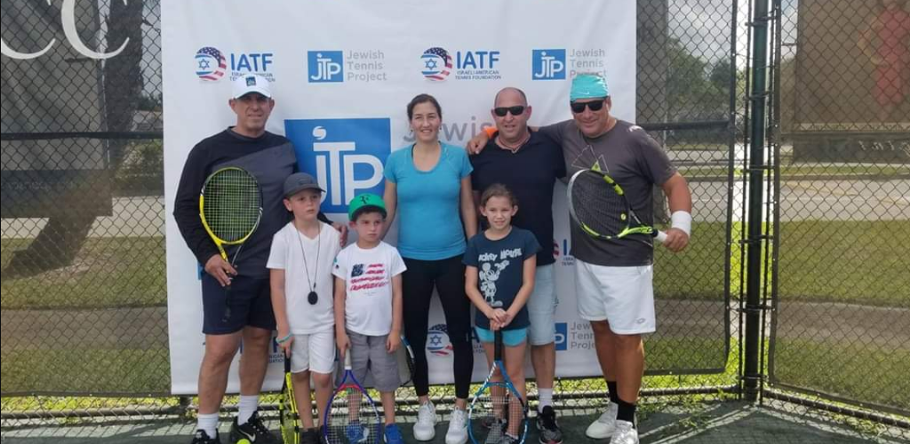 Israeli tennis pros Shahar Peer and Shlomo Glickstein with chairman Ian Halperin and founder Assaf Ingber at the Pro-AM event in Aventura, Fla. Credit: Jewish Tennis Project.

