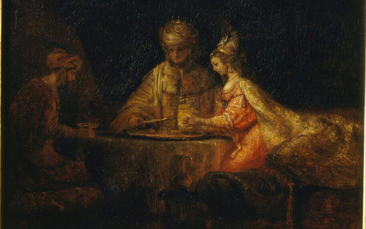 A painting of Esther, Ahasuerus and Haman by Rembrandt. Credit: Google Art Project/Wikipedia.